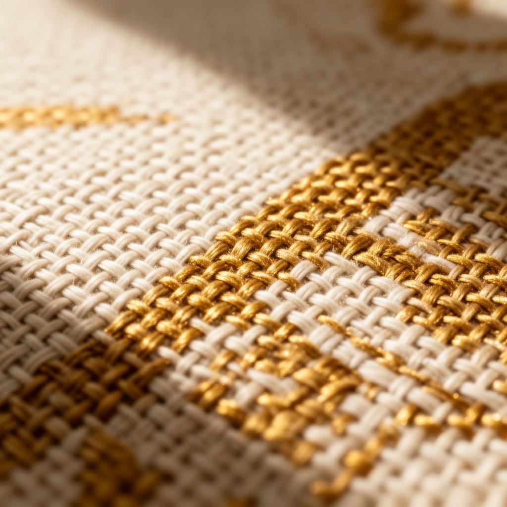 Macro of woven textile in cream and gold