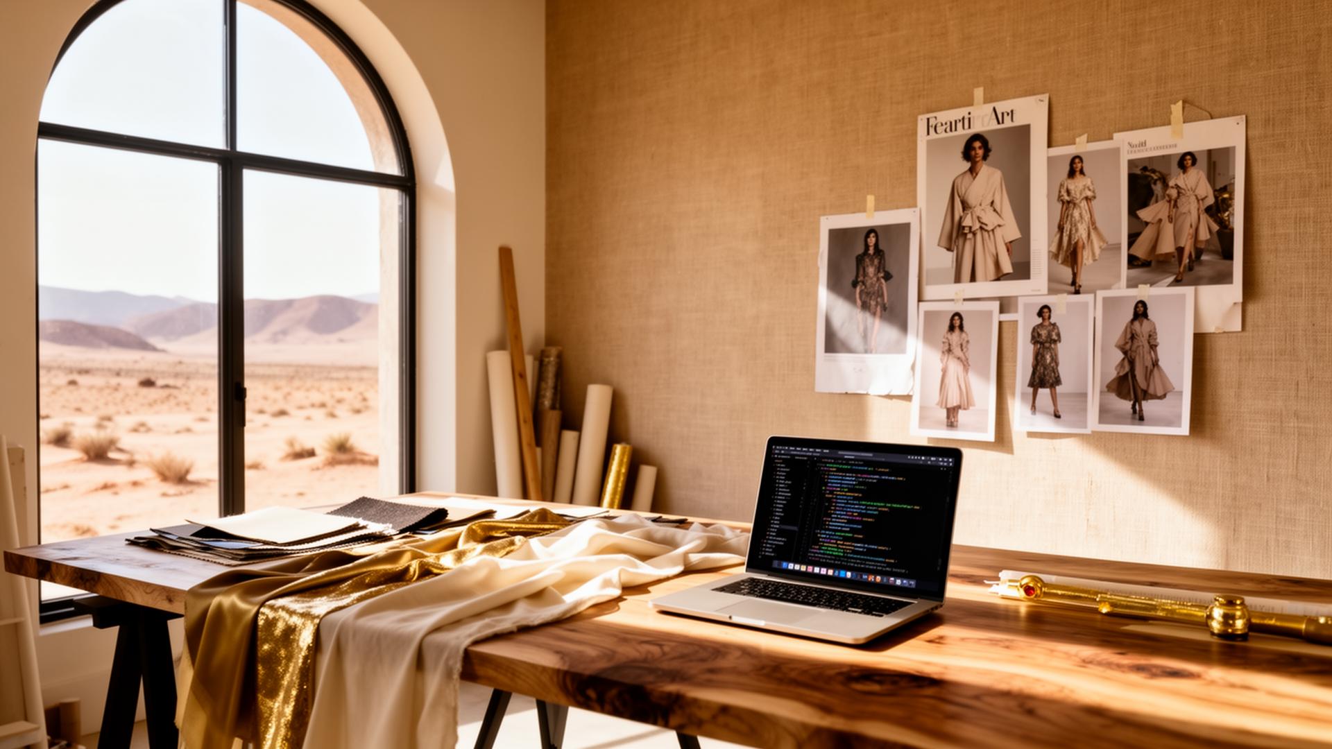 Serdai atelier studio interior — desert light, fabric, and code